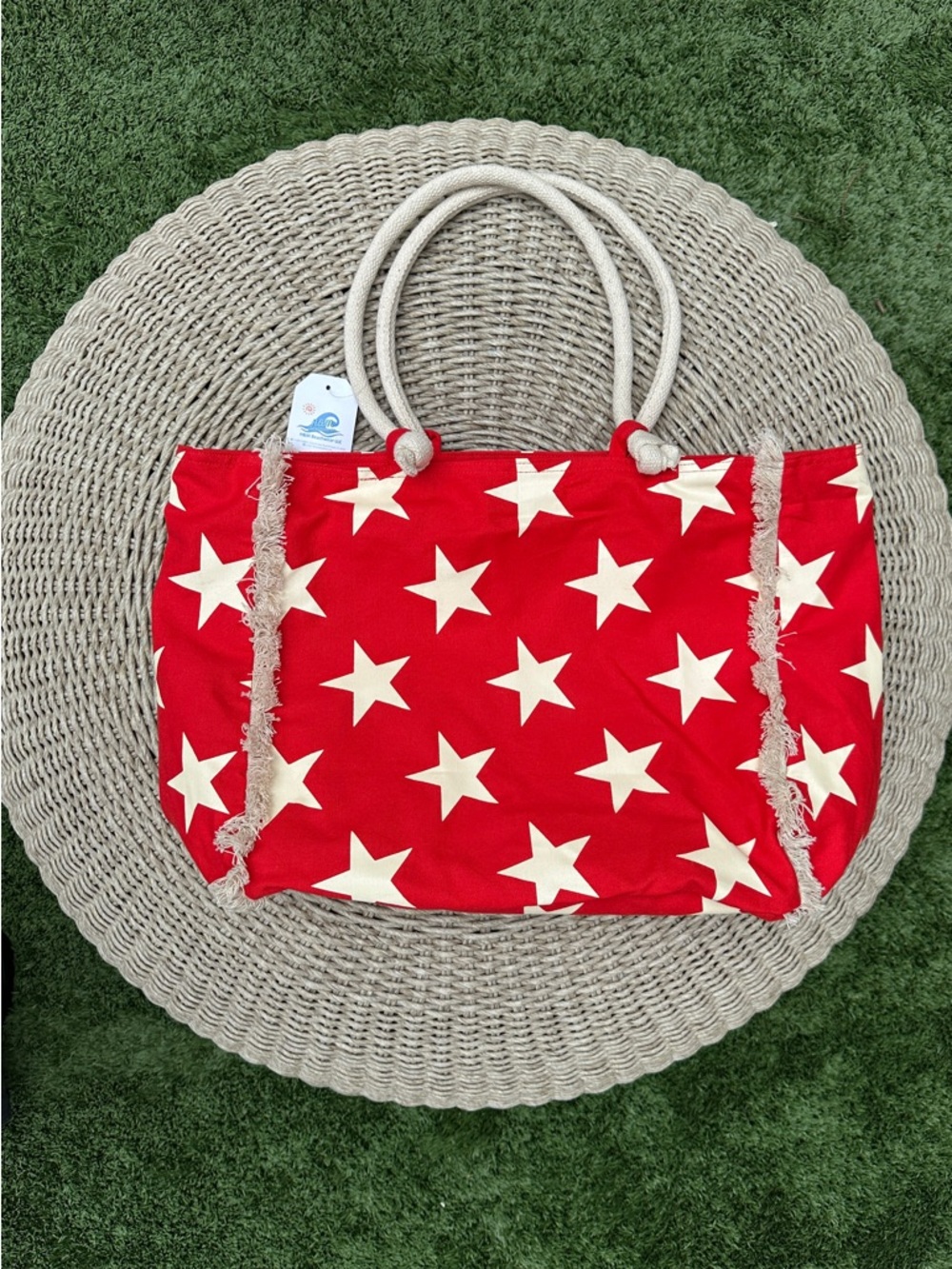 ❤️ Red Patriotic Star Beach Tote - Fringe & Rope Handles
